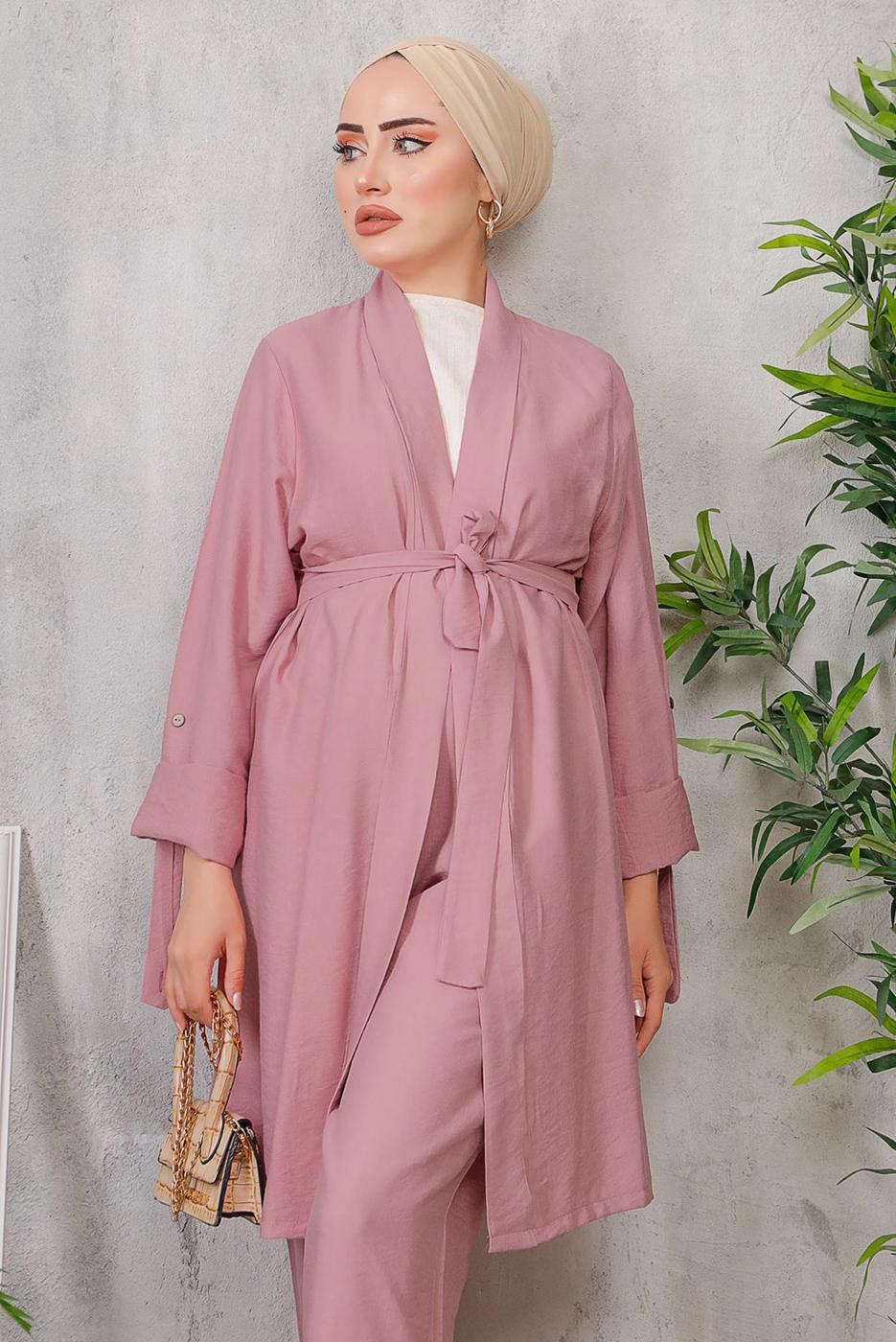 Tesettür giyim PEMBE KUŞAKLI BASIC KİMONOLU TAKIM 6452 