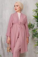 Tesettür giyim PEMBE KUŞAKLI BASIC KİMONOLU TAKIM 6452 