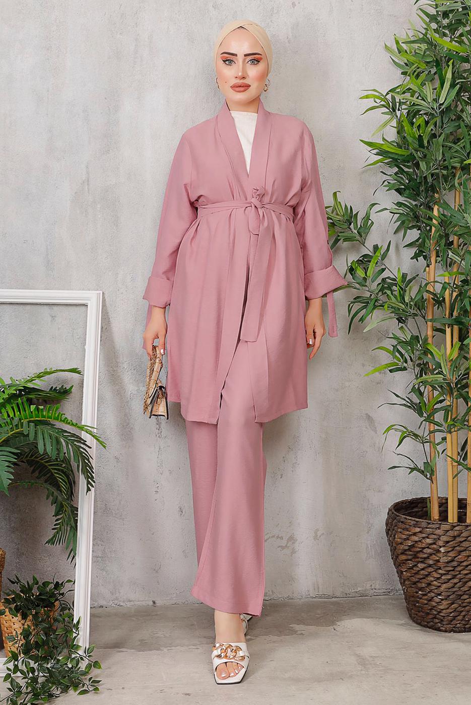 Tesettür giyim PEMBE KUŞAKLI BASIC KİMONOLU TAKIM 6452 