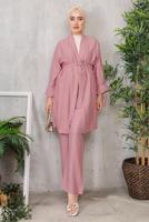 Tesettür giyim PEMBE KUŞAKLI BASIC KİMONOLU TAKIM 6452 
