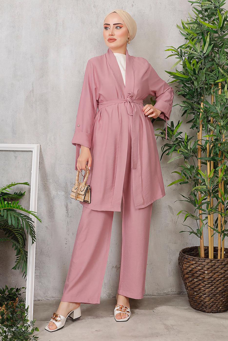 Tesettür giyim PEMBE KUŞAKLI BASIC KİMONOLU TAKIM 6452 