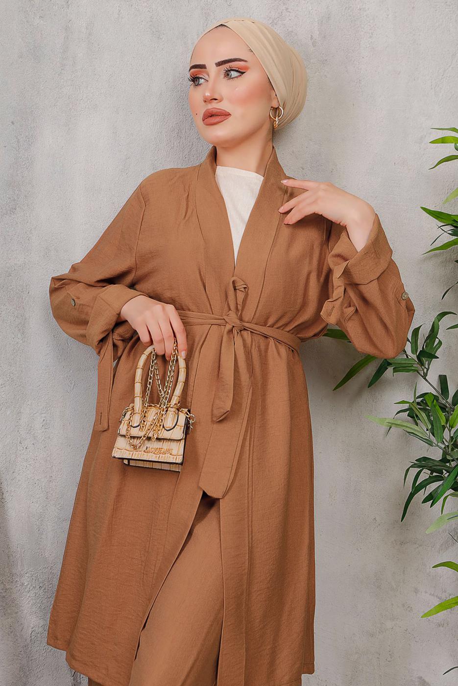 Tesettür giyim TABA KUŞAKLI BASIC KİMONOLU TAKIM 6452 