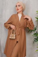 Tesettür giyim TABA KUŞAKLI BASIC KİMONOLU TAKIM 6452 