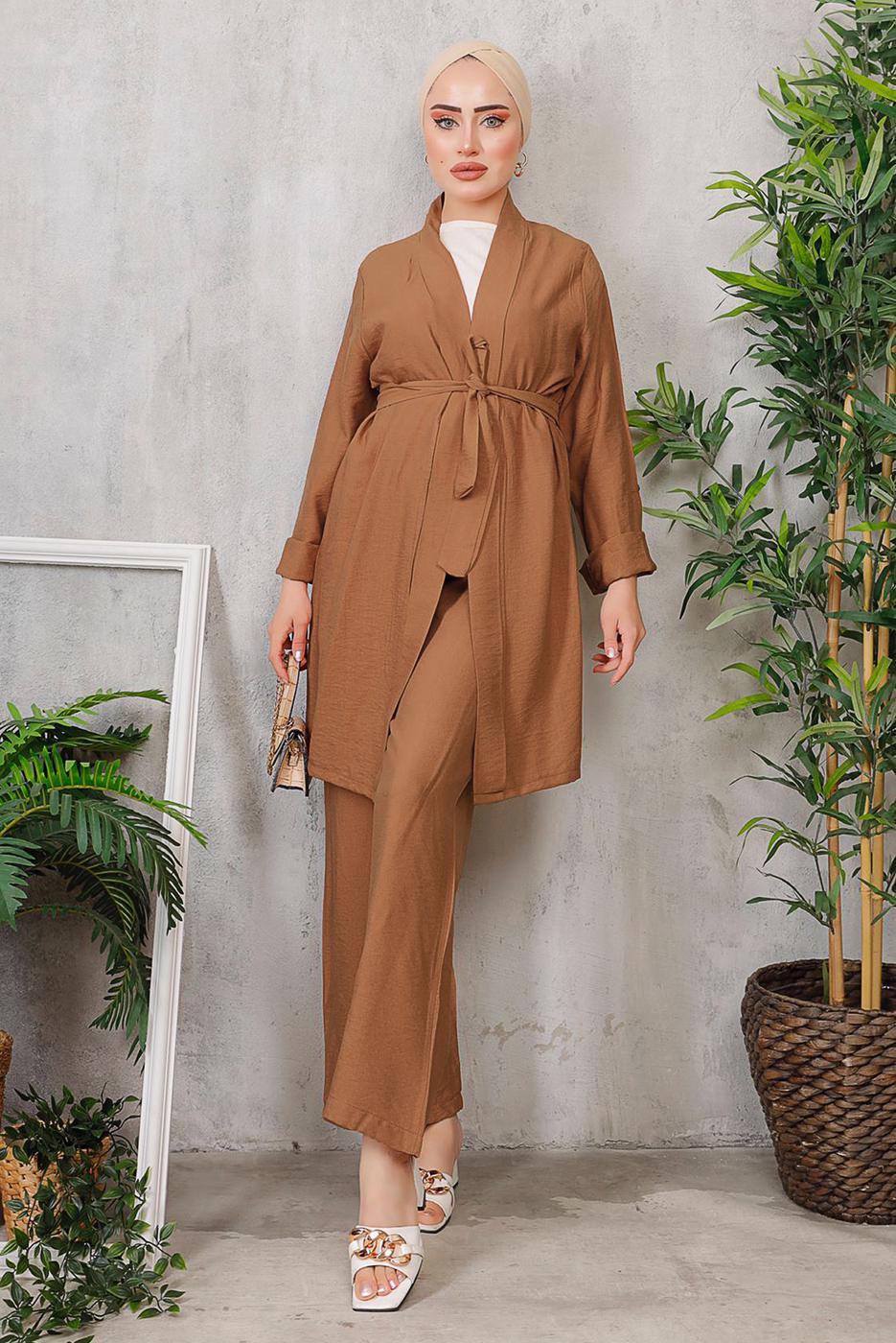 Tesettür giyim TABA KUŞAKLI BASIC KİMONOLU TAKIM 6452 