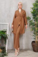 Tesettür giyim TABA KUŞAKLI BASIC KİMONOLU TAKIM 6452 