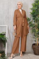 Tesettür giyim TABA KUŞAKLI BASIC KİMONOLU TAKIM 6452 