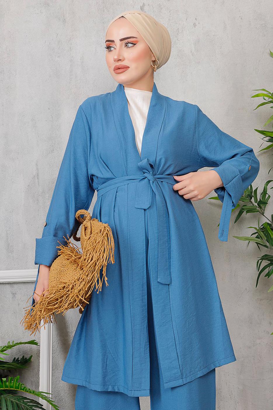 Tesettür giyim LACİVERT KUŞAKLI BASIC KİMONOLU TAKIM 6452 