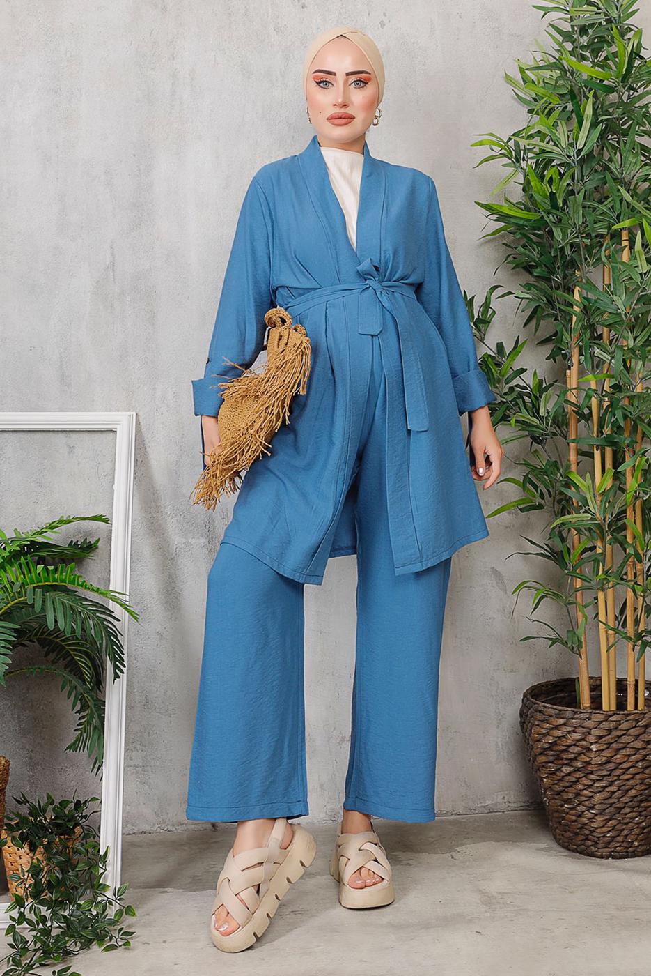 Tesettür giyim LACİVERT KUŞAKLI BASIC KİMONOLU TAKIM 6452 