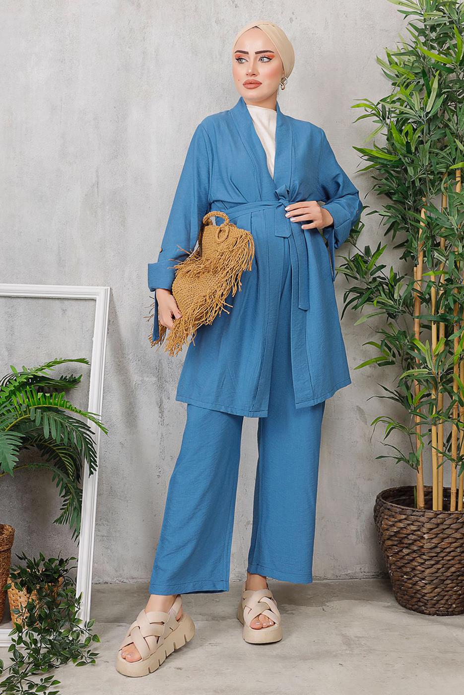 Tesettür giyim LACİVERT KUŞAKLI BASIC KİMONOLU TAKIM 6452 