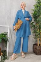 Tesettür giyim LACİVERT KUŞAKLI BASIC KİMONOLU TAKIM 6452 