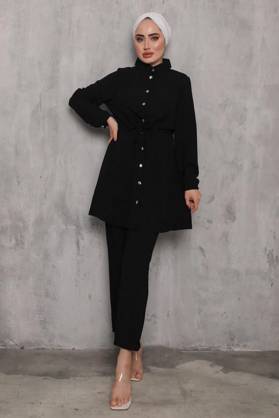 Tesettür giyim SİYAH BELİ BÜZGÜLÜ DÜĞMELİ PANT. TAKIM 6942 