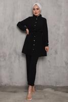 Tesettür giyim SİYAH BELİ BÜZGÜLÜ DÜĞMELİ PANT. TAKIM 6942 