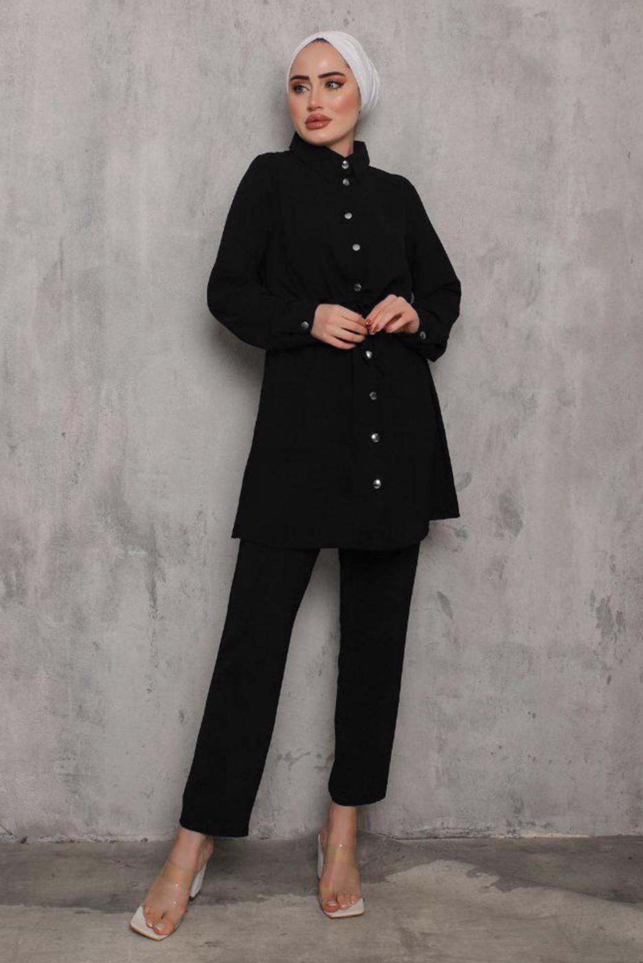 Tesettür giyim SİYAH BELİ BÜZGÜLÜ DÜĞMELİ PANT. TAKIM 6942 