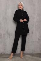 Tesettür giyim SİYAH BELİ BÜZGÜLÜ DÜĞMELİ PANT. TAKIM 6942 