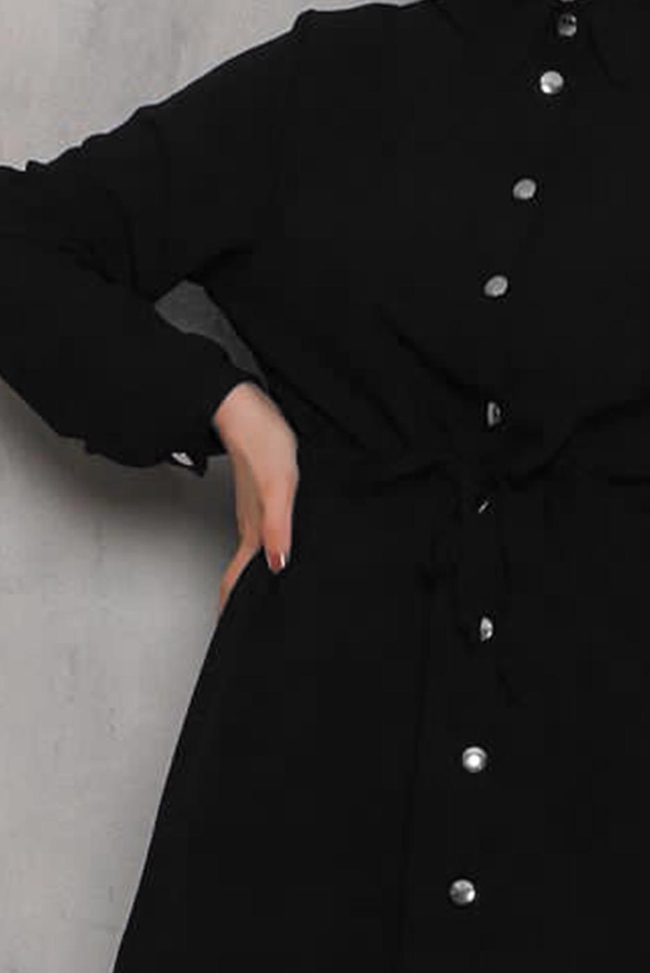 Tesettür giyim SİYAH BELİ BÜZGÜLÜ DÜĞMELİ PANT. TAKIM 6942 