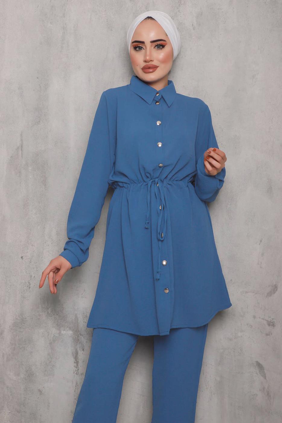 Tesettür giyim LACİVERT BELİ BÜZGÜLÜ DÜĞMELİ PANT. TAKIM 6942 