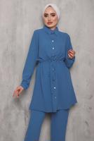 Tesettür giyim LACİVERT BELİ BÜZGÜLÜ DÜĞMELİ PANT. TAKIM 6942 