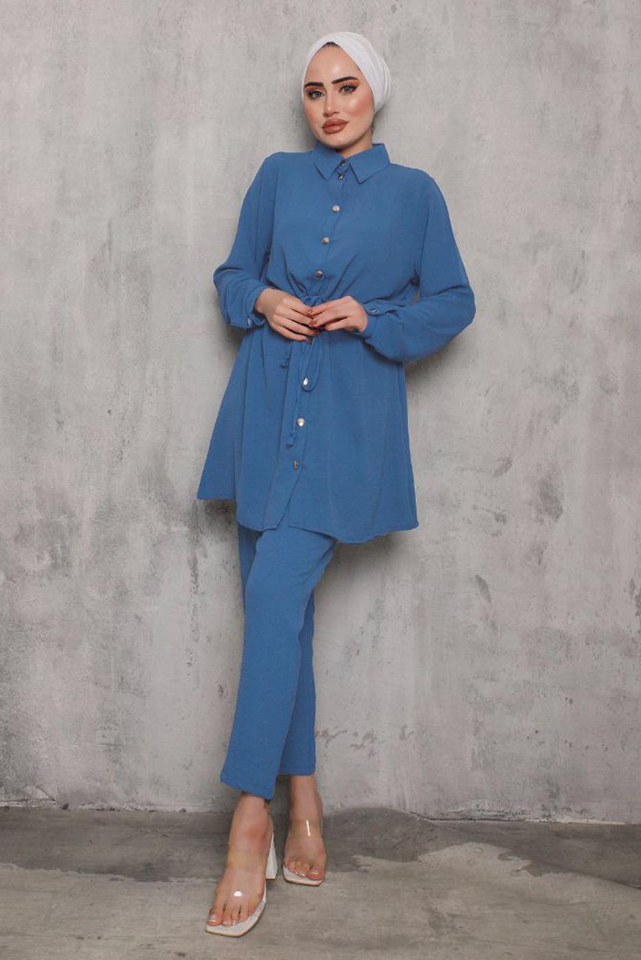 Tesettür giyim LACİVERT BELİ BÜZGÜLÜ DÜĞMELİ PANT. TAKIM 6942 