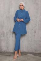 Tesettür giyim LACİVERT BELİ BÜZGÜLÜ DÜĞMELİ PANT. TAKIM 6942 