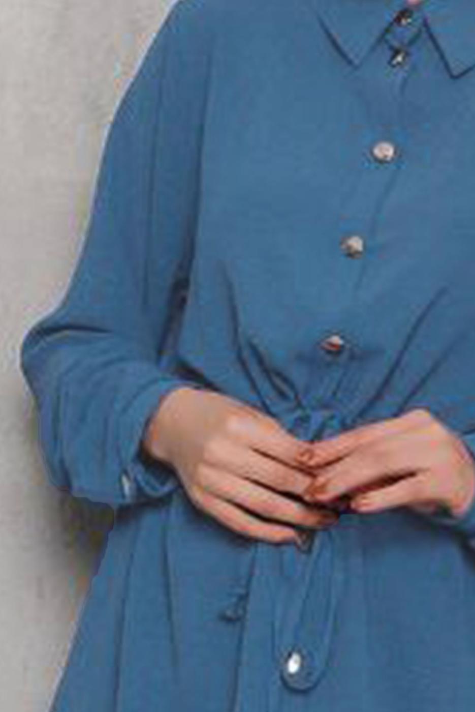 Tesettür giyim LACİVERT BELİ BÜZGÜLÜ DÜĞMELİ PANT. TAKIM 6942 