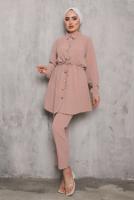 Tesettür giyim PEMBE BELİ BÜZGÜLÜ DÜĞMELİ PANT. TAKIM 6942 