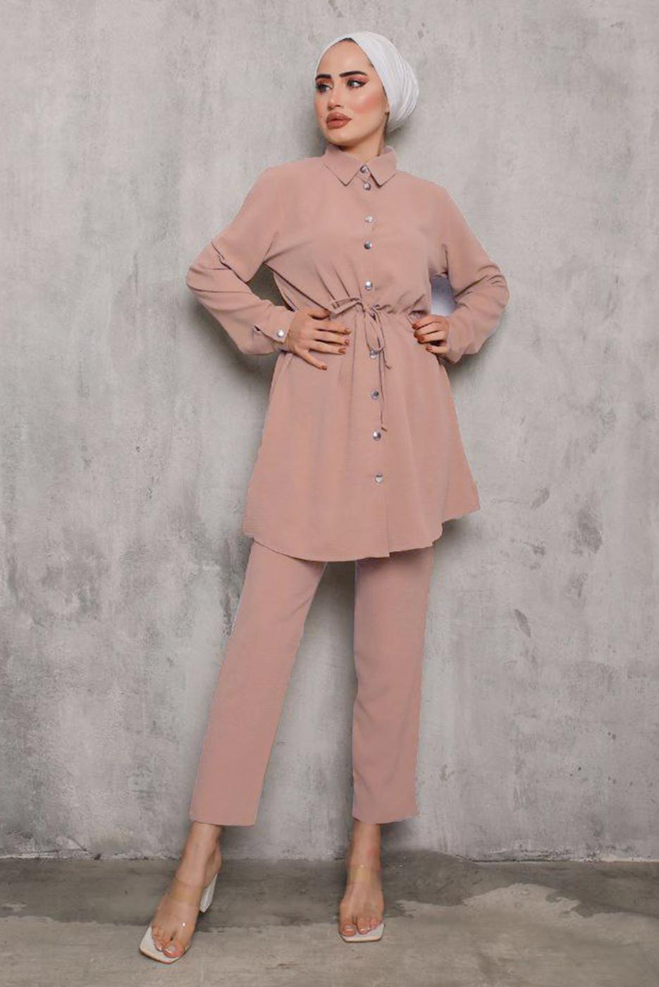 Tesettür giyim PEMBE BELİ BÜZGÜLÜ DÜĞMELİ PANT. TAKIM 6942 