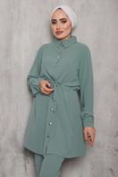 Tesettür giyim YEŞİL BELİ BÜZGÜLÜ DÜĞMELİ PANT. TAKIM 6942 