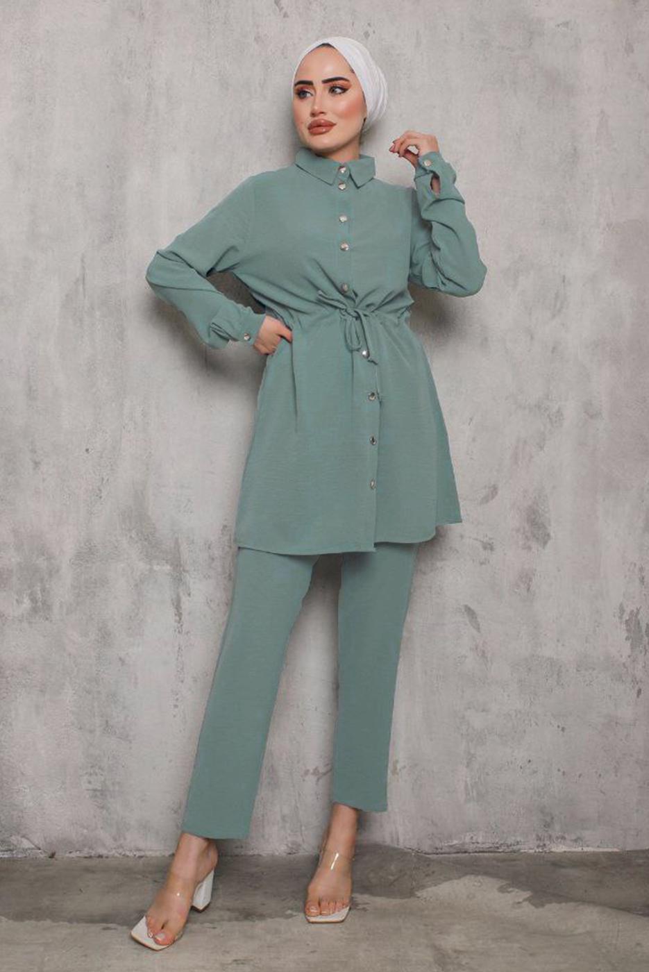 Tesettür giyim YEŞİL BELİ BÜZGÜLÜ DÜĞMELİ PANT. TAKIM 6942 