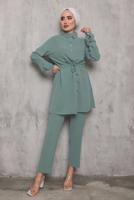 Tesettür giyim YEŞİL BELİ BÜZGÜLÜ DÜĞMELİ PANT. TAKIM 6942 