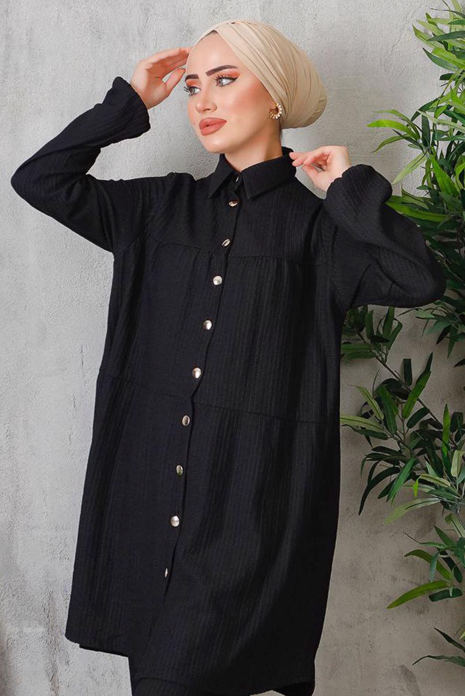 Tesettür giyim SİYAH DÜĞMELİ BÜRÜMCÜK DETAYLI TAKIM 7252	