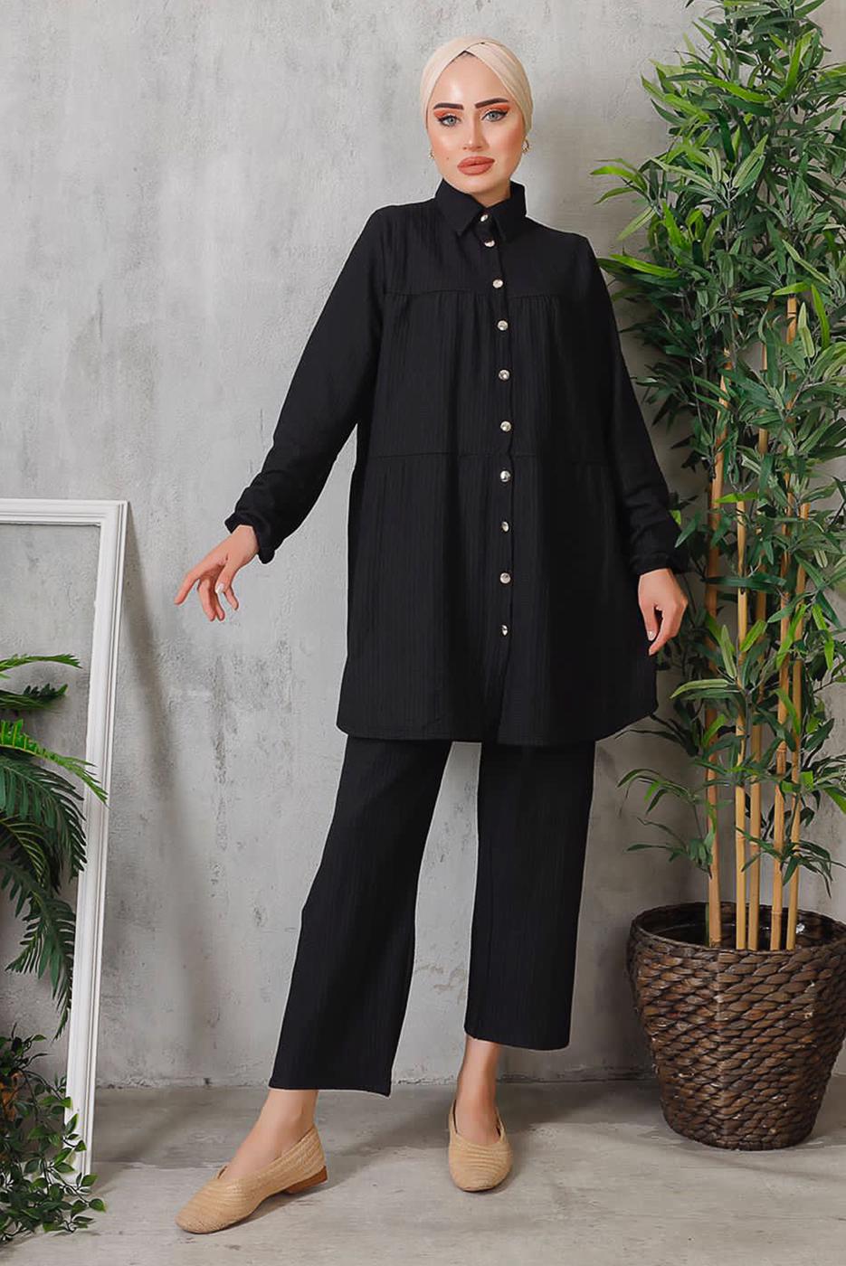 Tesettür giyim SİYAH DÜĞMELİ BÜRÜMCÜK DETAYLI TAKIM 7252	