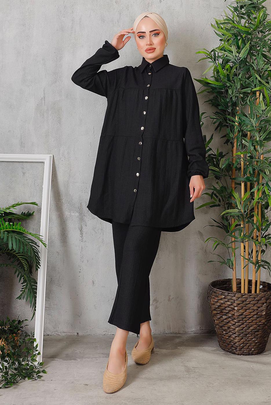 Tesettür giyim SİYAH DÜĞMELİ BÜRÜMCÜK DETAYLI TAKIM 7252	