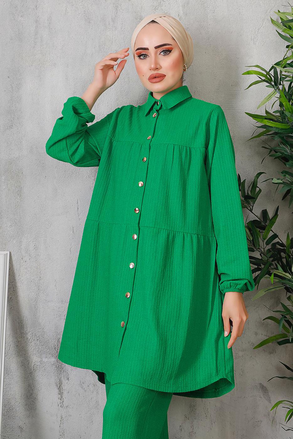 Tesettür giyim YEŞİL DÜĞMELİ BÜRÜMCÜK DETAYLI TAKIM 7252	