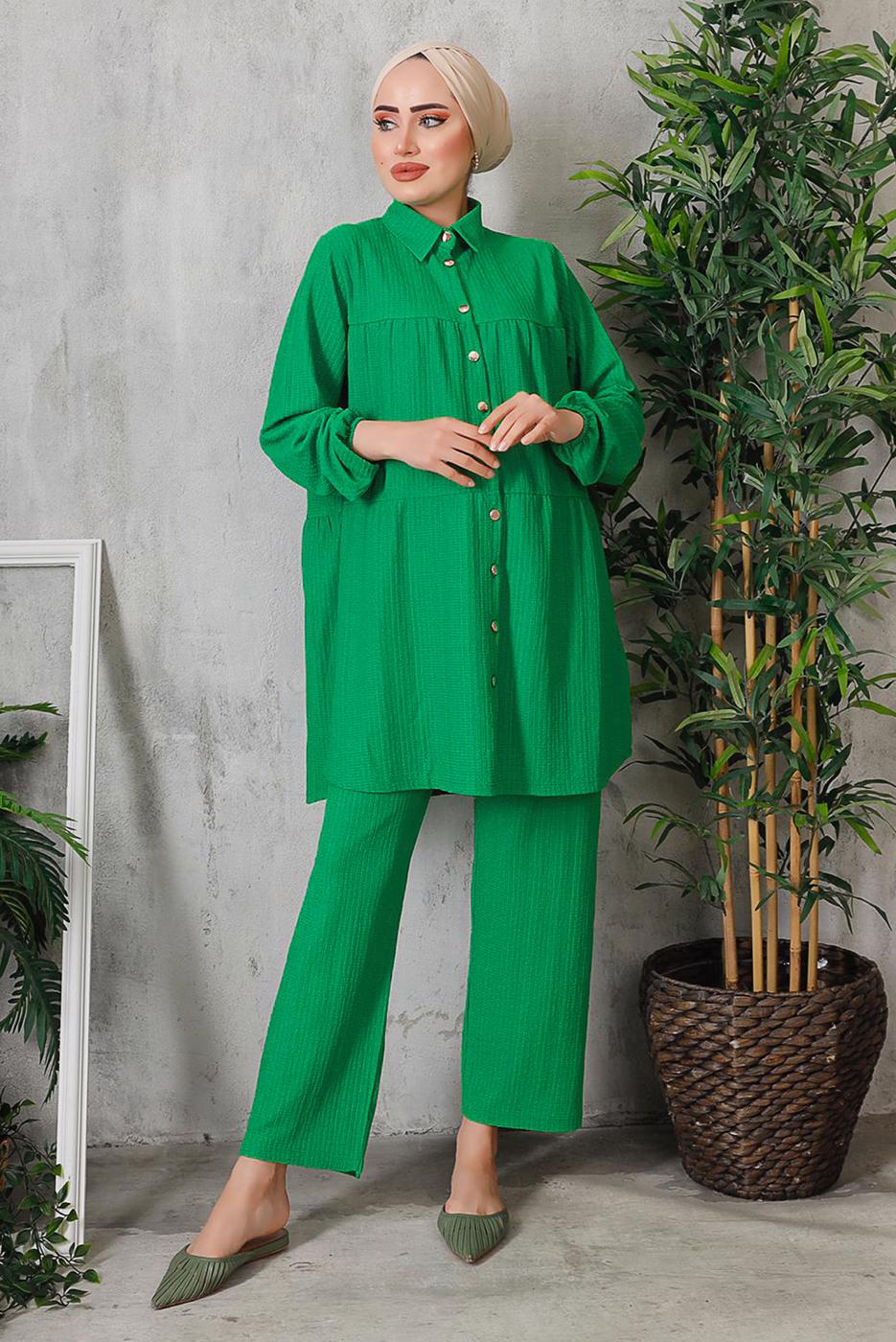 Tesettür giyim YEŞİL DÜĞMELİ BÜRÜMCÜK DETAYLI TAKIM 7252	