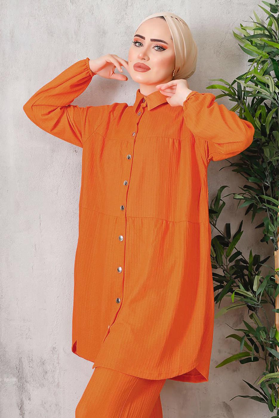 Tesettür giyim TURUNCU DÜĞMELİ BÜRÜMCÜK DETAYLI TAKIM 7252	