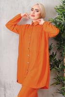 Tesettür giyim TURUNCU DÜĞMELİ BÜRÜMCÜK DETAYLI TAKIM 7252	