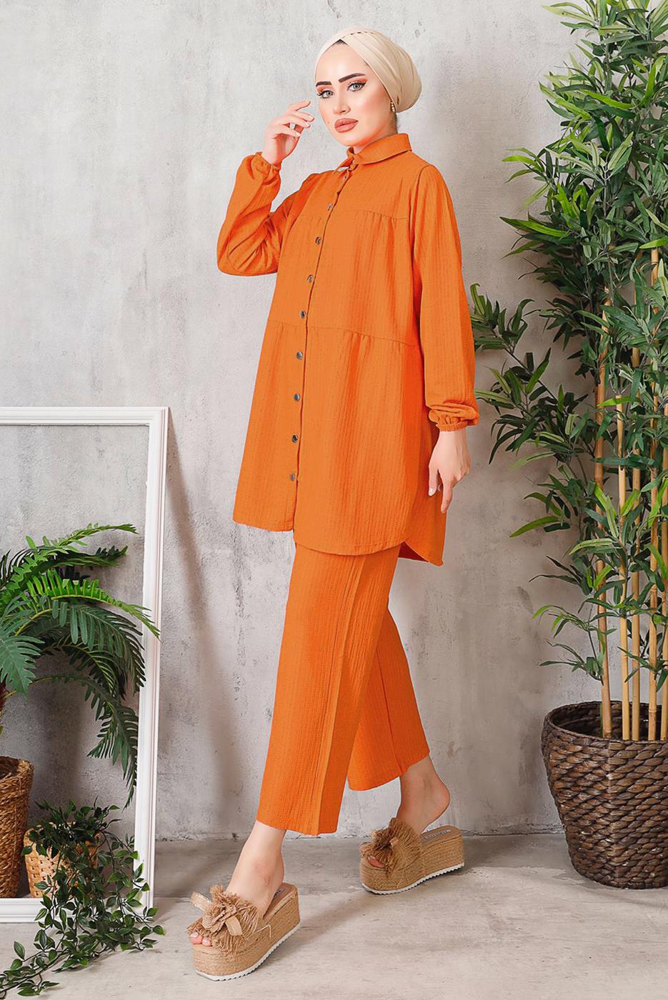 Tesettür giyim TURUNCU DÜĞMELİ BÜRÜMCÜK DETAYLI TAKIM 7252	