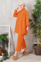 Tesettür giyim TURUNCU DÜĞMELİ BÜRÜMCÜK DETAYLI TAKIM 7252	