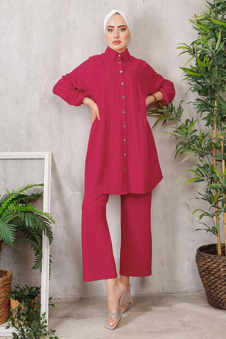 Tesettür giyim FUŞYA DÜĞMELİ BÜRÜMCÜK DETAYLI TAKIM 7252	