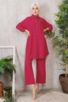 Tesettür giyim FUŞYA DÜĞMELİ BÜRÜMCÜK DETAYLI TAKIM 7252	