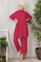Tesettür giyim FUŞYA DÜĞMELİ BÜRÜMCÜK DETAYLI TAKIM 7252	