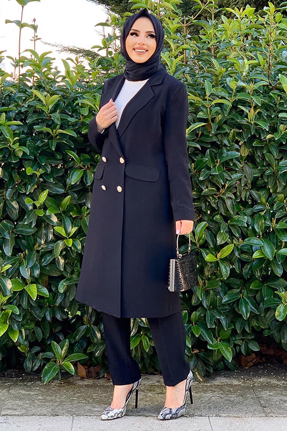 Tesettür giyim SİYAH DÜĞMELİ CEPLİ PANTOLONLU TAKIM T 7538