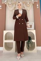Tesettür giyim KAHVE DÜĞMELİ CEPLİ PANTOLONLU TAKIM T 7538
