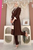 Tesettür giyim KAHVE DÜĞMELİ CEPLİ PANTOLONLU TAKIM T 7538