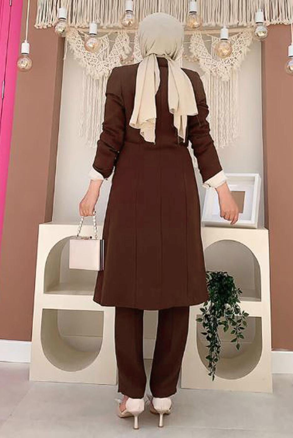 Tesettür giyim KAHVE DÜĞMELİ CEPLİ PANTOLONLU TAKIM T 7538