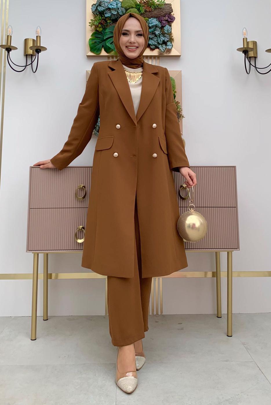 Tesettür giyim TABA DÜĞMELİ CEPLİ PANTOLONLU TAKIM T 7538