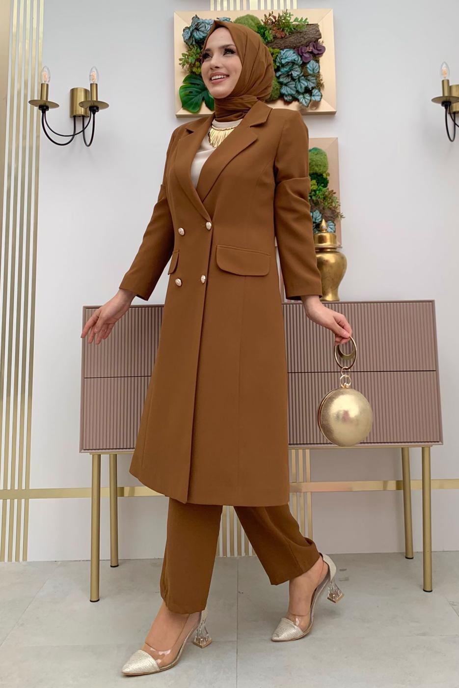 Tesettür giyim TABA DÜĞMELİ CEPLİ PANTOLONLU TAKIM T 7538
