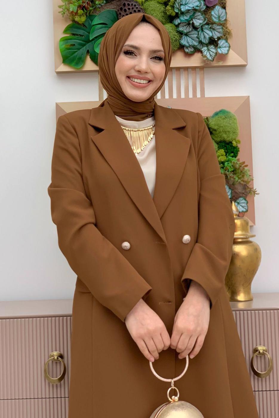 Tesettür giyim TABA DÜĞMELİ CEPLİ PANTOLONLU TAKIM T 7538