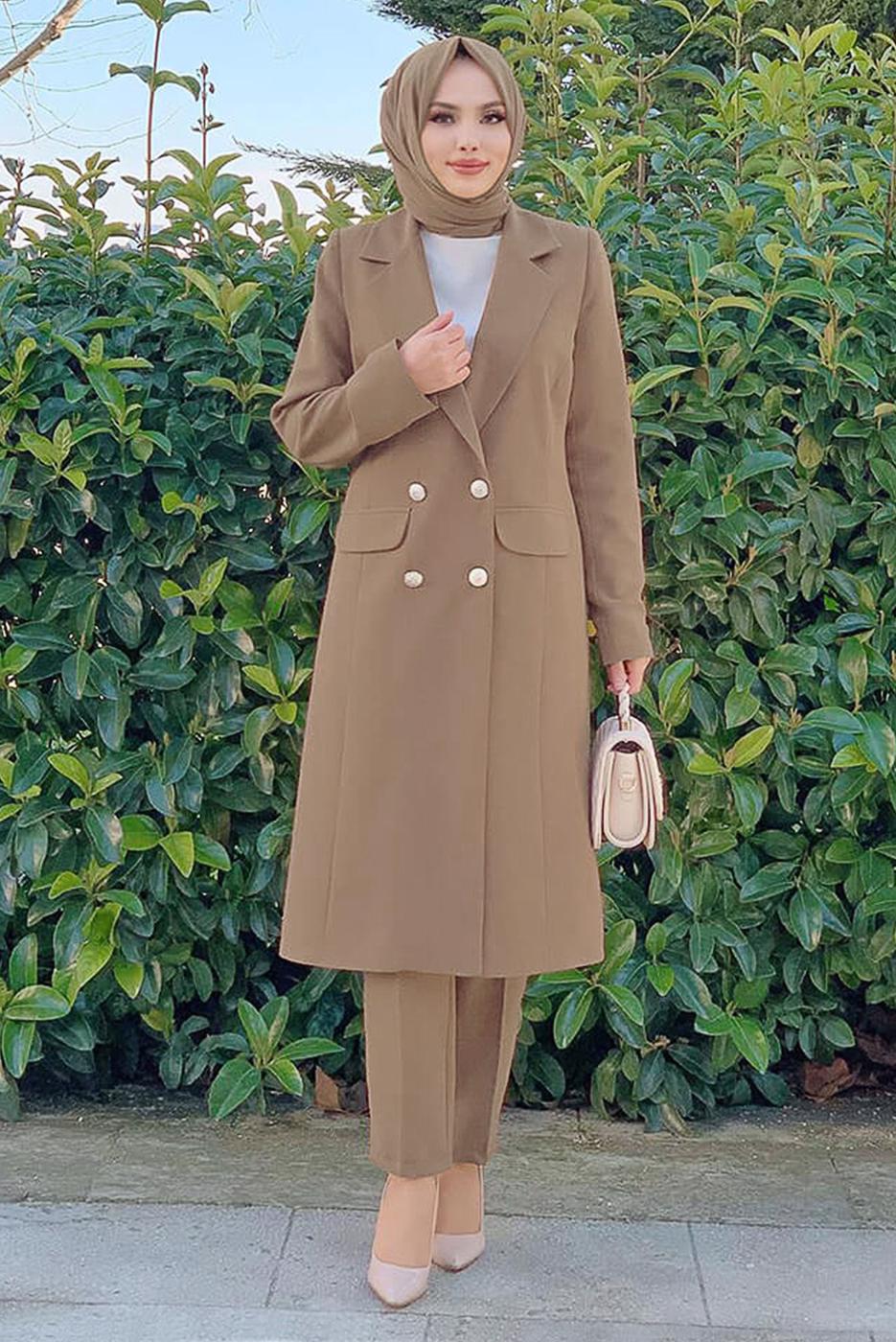 Tesettür giyim VİZON DÜĞMELİ CEPLİ PANTOLONLU TAKIM T 7538