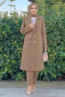 Tesettür giyim VİZON DÜĞMELİ CEPLİ PANTOLONLU TAKIM T 7538